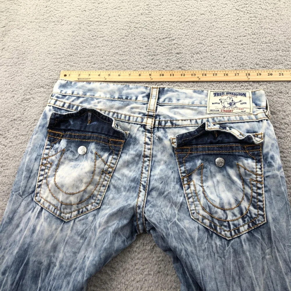 True Religion Jeans Mens 38x32 Blue Straight Acid Wash Distressed Denim